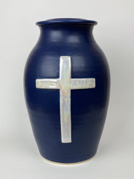 Matte Blue Urn with Mother of Pearl Cross